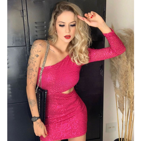 VESTIDO CURTO MANGA NICA EM PAETE PINK