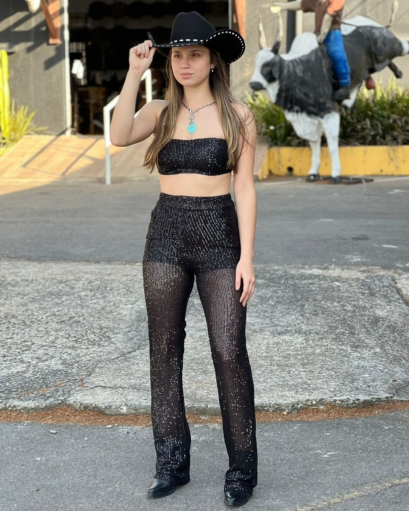 CONJUNTO TOP E CALÇA PANTALONA FEM DE PAETE PRETO