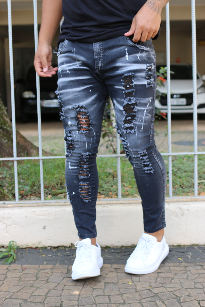 Calça Jeans Premium Super Skinny Destroyed Preto Lavado