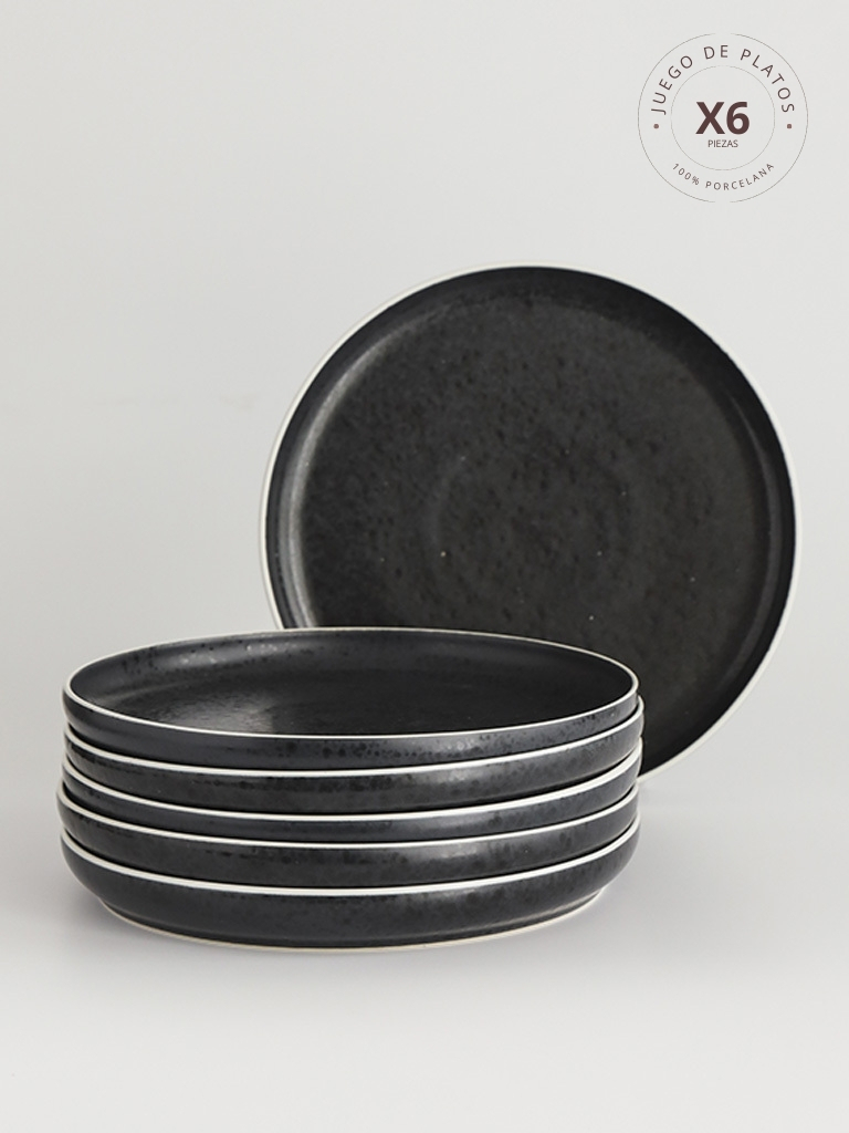 Plato Playo Porcelana Aster Granit 26 cm Negro 6 Piezas