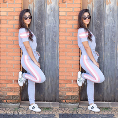 CONJUNTO LUDMILLA BLUSA + JOGGER NO MOLETINHO C/ELASTANO ( COR NO CINZA MESCLA/DETALHE ROSA/BRANCO)