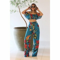 Conjunto Camila Cropped + Calca Pantalona na Viscose( AZUL ÍNDIGO) na internet