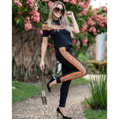 CONJUNTO LUDMILLA BLUSA + JOGGER NO MOLETINHO C/ELASTANO ( COR NO PRETO/DETALHE ANIMAL PRINT/TERROSO) - loja online