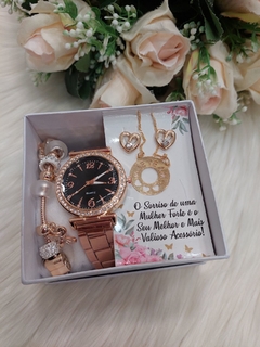 Relógio + Kit Feminino Acessórios Rose Gold 020993 na internet