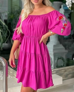 Vestido Viscose Bordado Flores Pink na internet