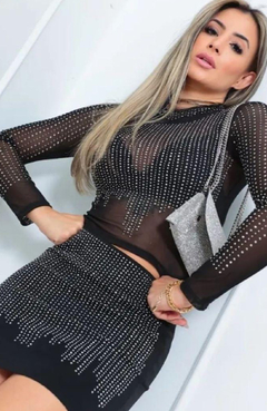 Conjunto Cropped Tule Strass Preto