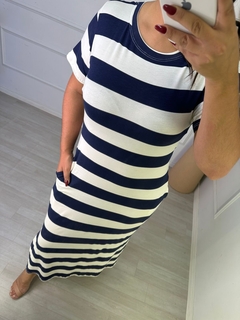 Vestido Malha Listrado Azul Marinho 3218 - loja online