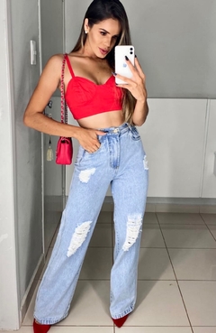 Calça Jeans Wide Leg Perola Destroyed na internet