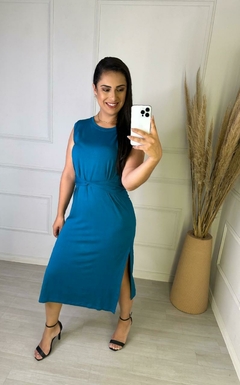 Vestido Malha Lara C/ Cinto Regata Azul Petroleo - loja online