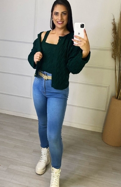 Conjunto Cropped + Cardigan Tricot Verde Escuro