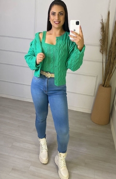 Conjunto Cropped + Cardigan Tricot Verde Bandeira