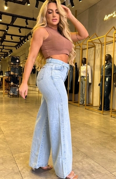 Calça Wide Leg Cinto Forrado Jeans Clara na internet