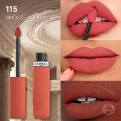 Labial Líquido L'Oréal Infaillible Matte Resistance tono Snooze your alarm (115) como queda