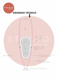 Desenho técnico do espelho gota com arco dourado iluminado, mostrando suas dimensões e características.