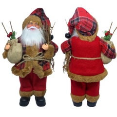 Boneco de Papai Noel para Decoração rústica com roupa preto e vermelha xadrez | Enfeite natalino de Natal 2022 luxo de sala final do ano | Papai Noel realista segurando lenha e saco com presentes árvore e frutas silvestres com roupa de lã e de pele