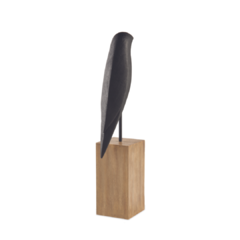 Estatueta de Ave Pássaro minimalista preto de resina , item lindo e atual , para sua casa , consultório ou escritório . Passarinho minimalista abstrato moderno na cor preto fosco com padrão madeira e pedestal poleiro . Objeto decorativo para aparador , sa