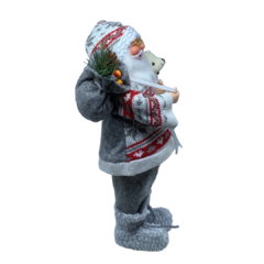 Boneco de Papai Noel para Decoração de Natal com blusa de tricot lã e botas de pele| Enfeite trico natalino de Natal 2022 luxo de sala final do ano | Papai Noel realista vermelho cinza e branco segurando saco segurando ursinho com presentes árvore e fruta