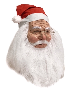 Máscara realista de Papai Noel com barba longa, gorro vermelho e óculos dourados, ideal para fantasias de Natal.