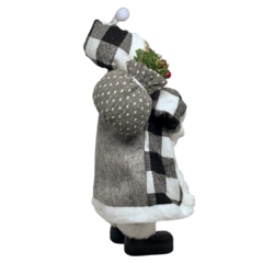 Boneco de Papai Noel para Decoração com roupa cinza preto e branco xadrez | Enfeite natalino de Natal 2022 luxo de sala final do ano | Papai Noel realista segurando saco com presentes árvore e frutas silvestres com roupa de lã e de pele chique