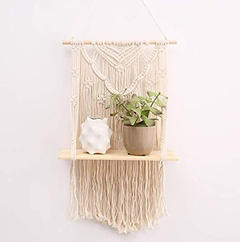 Estantería Flotante De Madera Y Macramé, Color Beige - tienda online