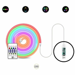 Fita de LED RGB em formato espiral, com controle remoto e conector USB.