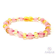 PULSEIRA / TORNOZELEIRA DE ÂMBAR BEBÊ BARROCO LIMÃO POLIDO COM FIO ROSA - 14 CM