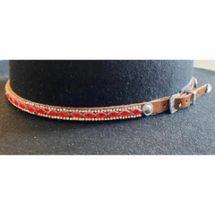 Bandinha Para Chapéu Strass Oval Vermelho Couro Marrom BC06 - Barcelos Country