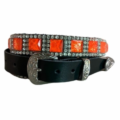 Bandinha Para Chapéu Strass Laranja/Pérola Couro Preto BC48