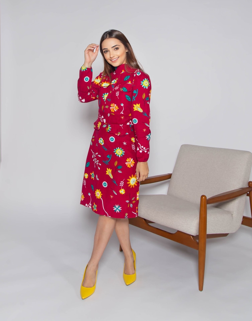 Vestido em Veludo Cotel Estampado Bordo 751 Valentina Sirrah