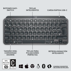 TECLADO BLUETOOTH INALÁMBRICO LOGITECH MASTER SERIES MX KEYS MINI QWERTY EASY SWITCH ESPAÑOL CON LUZ BLANCA GRAFITO