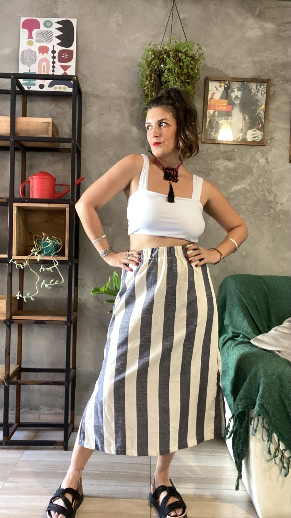 Saia midi linho listrada sales