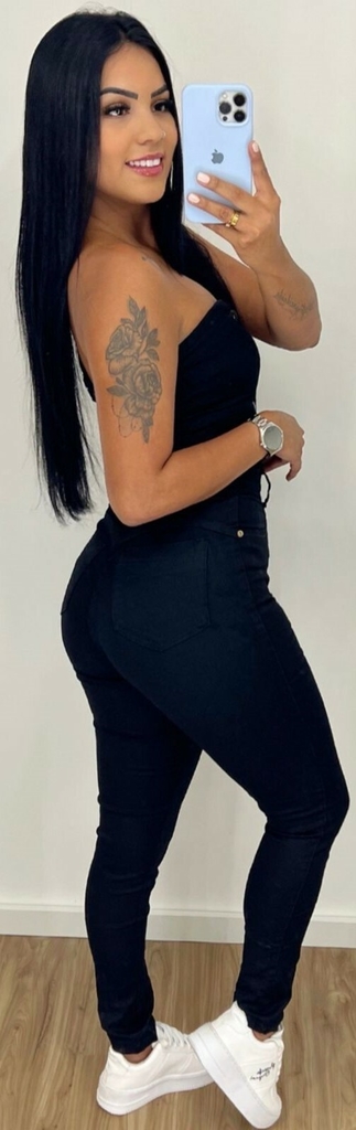 Macacão jeans longo preto sale