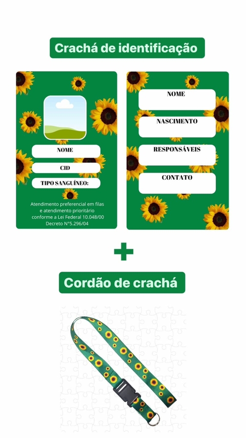 Crachá Girassol Personalizado + Suporte + Cordão