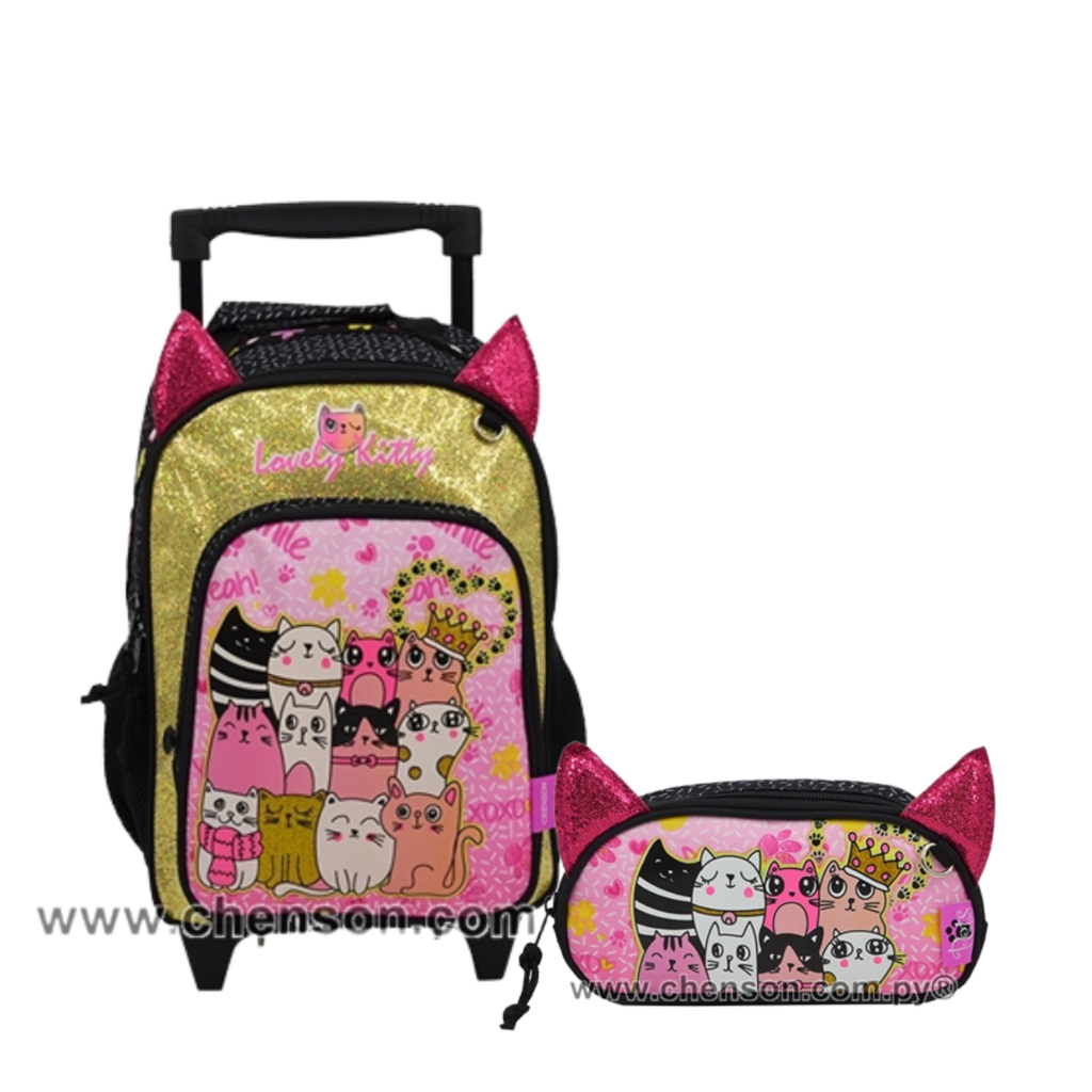 Kit Mochila e Estojo Escolar de Rodinha Infantil Menina Gatinho