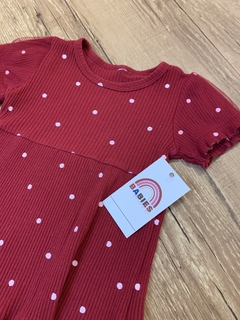 Vestido canelado marsala com poá branco e tule na manga - Babies Move Brecho