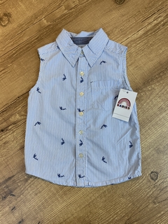 Camisa regata listrada azul e branco - baleia (Osh Kosh)