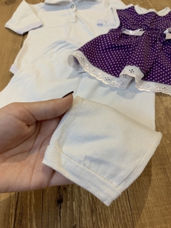 Imagem do Kit 3 peças - Body e calça branco + vestido roxo com poá