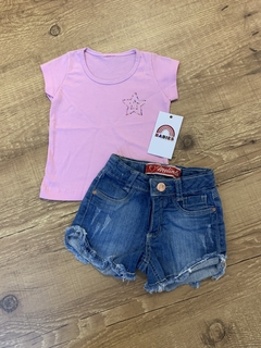 Conjunto blusinha rosa estrela + short jeans (Melinda)