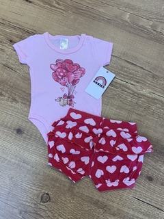 Conjunto body rosa com cachorrinhos balões + tapa fralda vermelho (Meia de leite)