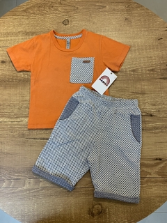 Conjunto camiseta laranja + bermuda azul canelada (Ale kids)