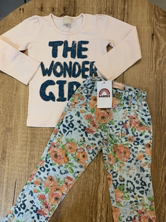 Conjunto blusa manga longa rosa + calça jeans estampada floral colorido (Quimby)