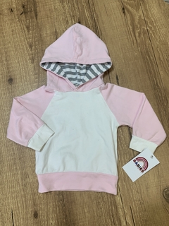 Blusa de frio moletom rosa e branco com capuz