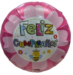 GLOBO METALIZADO 18" FELIZ CUMPLEAÑOS FLOR CON ABEJITA ROSA