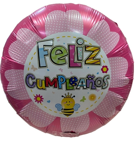 GLOBO METALIZADO 18" FELIZ CUMPLEAÑOS FLOR CON ABEJITA