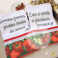 Duo Pano de Prato Bordado Frases - Tomates