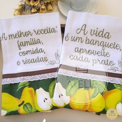 Duo Pano de Prato Bordado Frases - Pera Barrado Verde