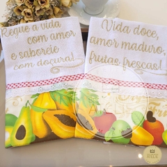 Duo Pano de Prato Bordado Frases - Frutas Tropicais