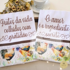 Duo Pano de Prato Bordado Frases - Galinhas