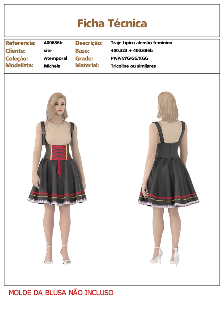 Modelagem de conjunto Traje típico Alemão Feminino para Tecido sem  elastano. ref 400.686b + 400.689