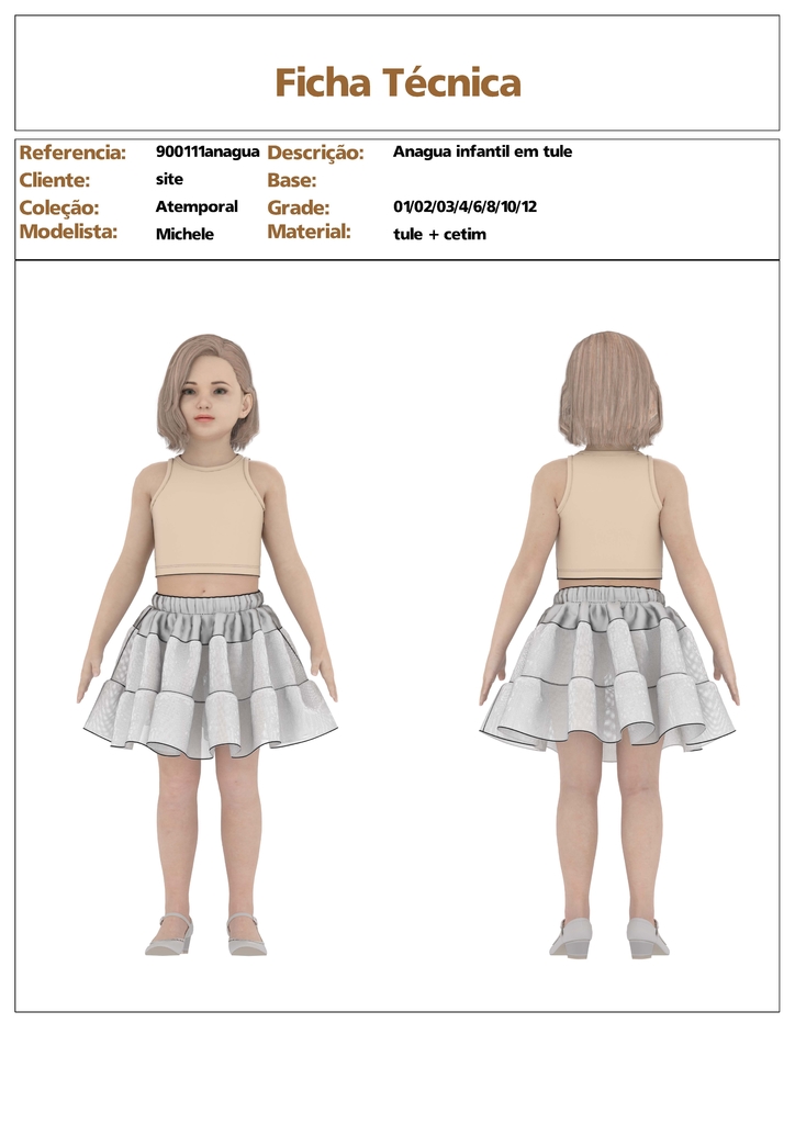 Modelagem de Saia infantil menina anagua em tule. para tecido sem elastano.  ref 900.111 anagua